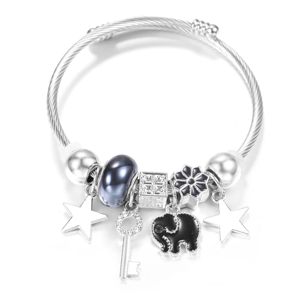 New Rhinestone Heart Shaped Pendant Stainless Steel Beaded Bracelet 4 Colors High Quality Closure Bangles Women Bracelet Jewelry