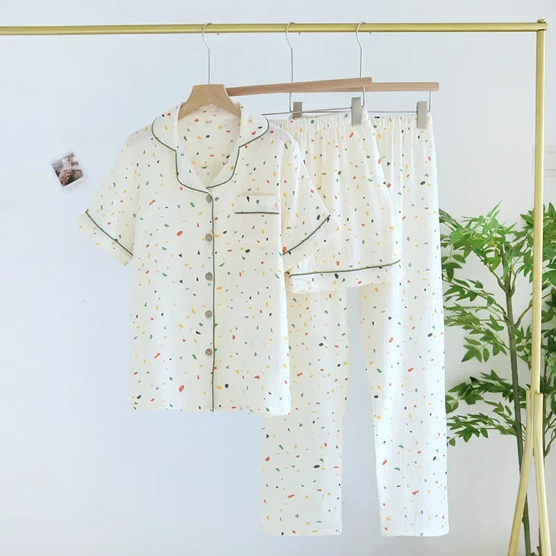 Small Love Heart Printed Cotton Pajamas for Women Three Piece Set Spring and Summer Short Sleeved Shorts Homewear Long Pants Set