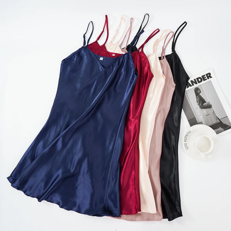 Women's Sexy Silk Satin Night Dress Sleeveless Nighties V-neck Nightgown Nightdress Plus Size Sleepwear Nightwear