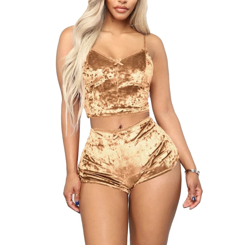 Women Summer Sexy Nightwear V-neck Lingerie Suspender Sleepwear Underwear Crop Tops Shorts Pajamas Set Solid Ladies Nightgown