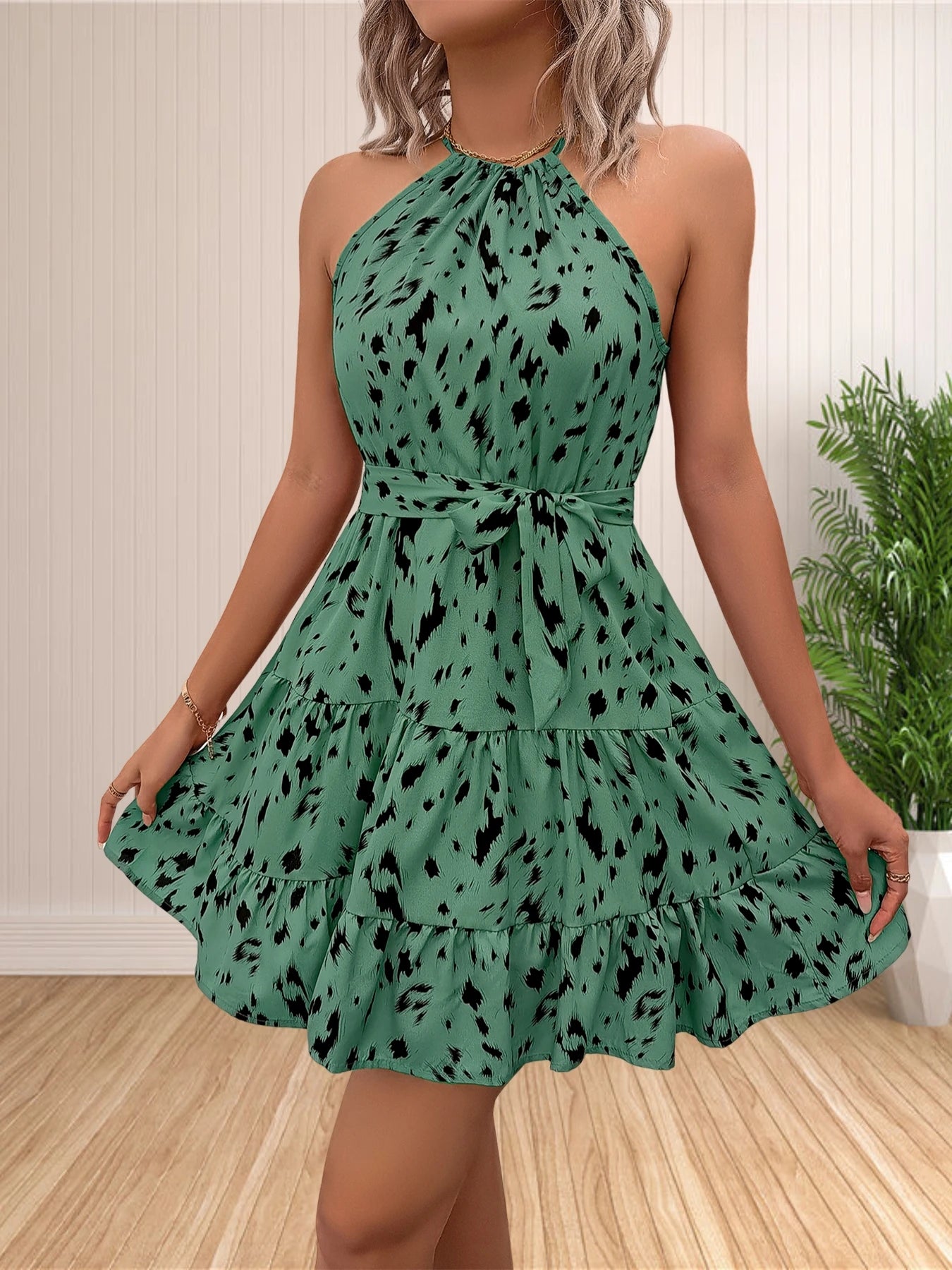 Women 2024 Summer Halter Neck Dresses Sleeveless Casual Floral Polka Dot Print Short Boho Ruffle Sundress