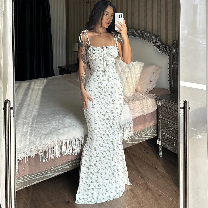 Ladies Summer Floral Print New Fashion Evening Party Dress Sleeveless Backless Sexy Long Dresses Woman Clothes Birthday Clubwear