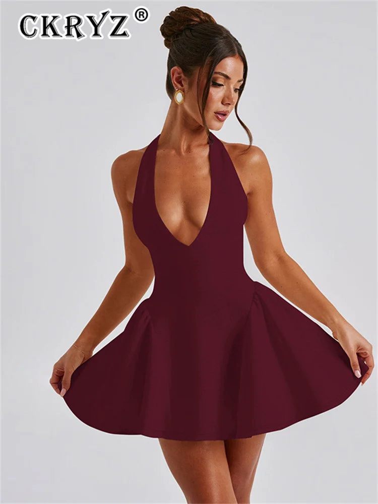 Ladies Summer Elegant Evening Party Dress Women Sleeveless Backless Halter Sexy Mini Dresses Night Club Streetwear Female Outfit
