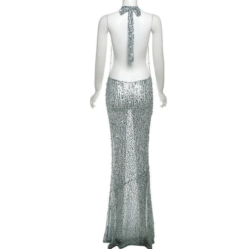 Ladies Autumn Bling Glitter Sequins New Fashion Evening Party Dress Women Sleeveless Backless Maxi Dresses Clubwear Fall Outfits