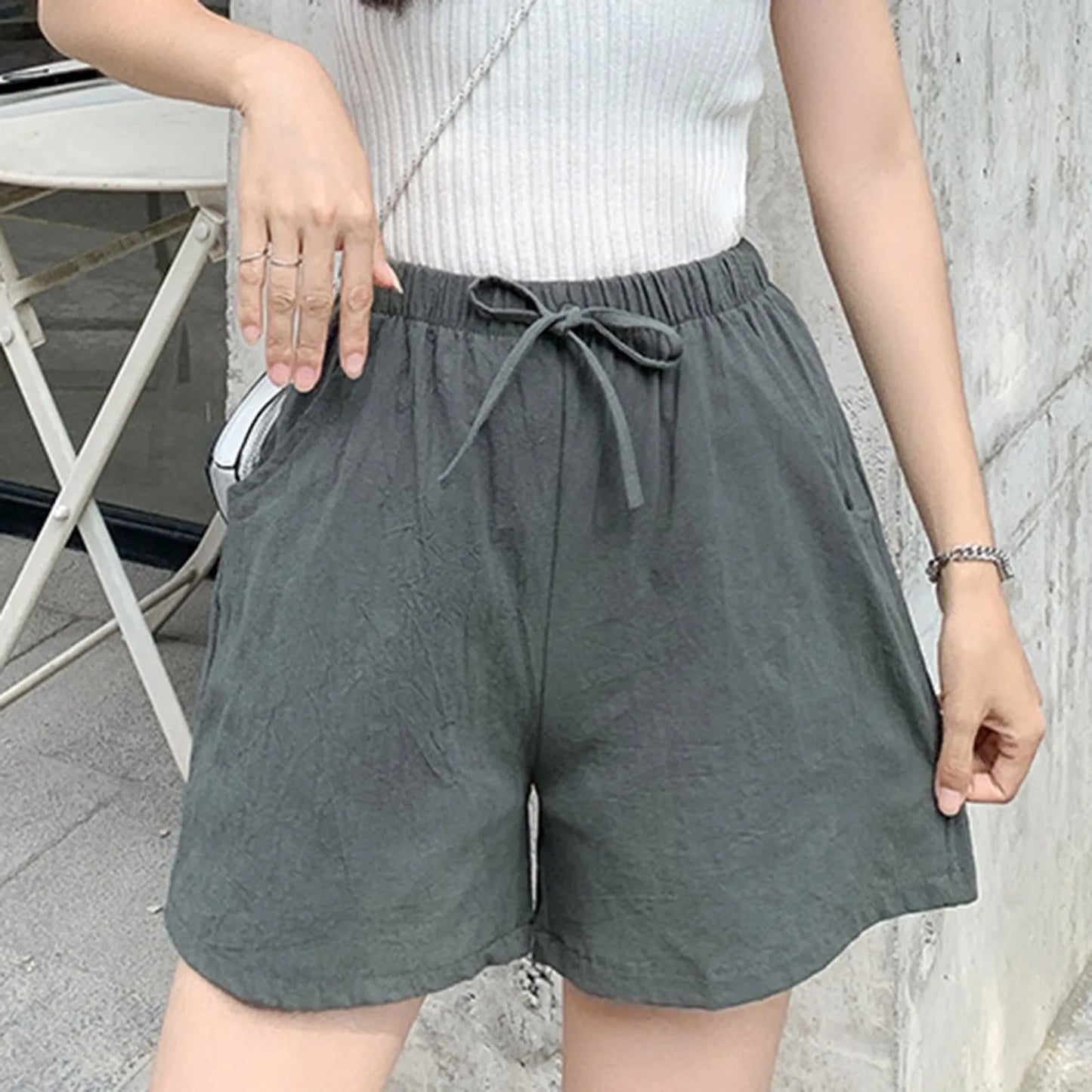 Shorts For Women Summer Outside Wear Wide Leg Large Size Pants Drawstring Loose Wide Leg Elastic High Waisted Trousers Trendy