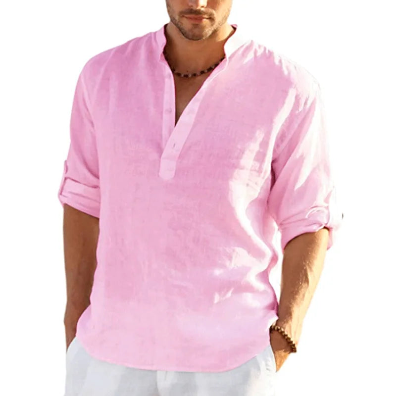 2023 New Men's Linen Long Sleeve T-Shirt Solid Color Loose Casual T-Shirt Long Sleeve Cotton Linen Shirt S-5XL