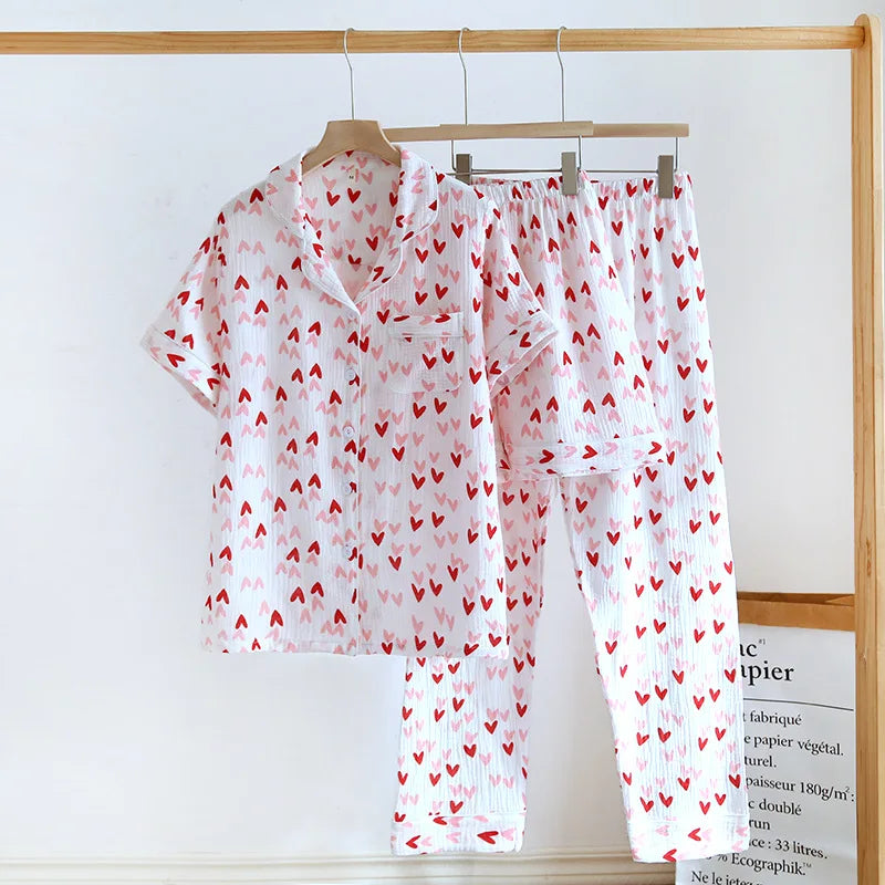 Small Love Heart Printed Cotton Pajamas for Women Three Piece Set Spring and Summer Short Sleeved Shorts Homewear Long Pants Set