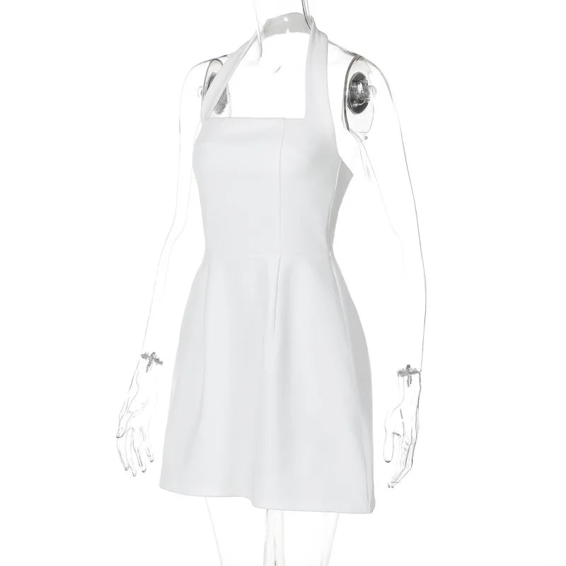 Ladies Halter Square Collar Backless Mini Dress Women Fashion Solid Sleeveless A-Line Elegant Club Party Dresses Female Outfits
