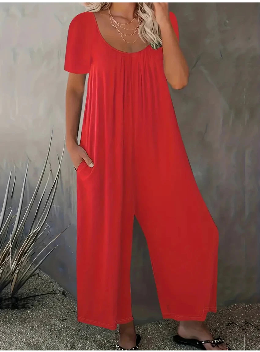 Plus Size 0XL-5XL Summer Rompers Overalls Women's Solid Color Jumpsuit with Pockets Casual Fashion Short Sleeve Jumpsuits