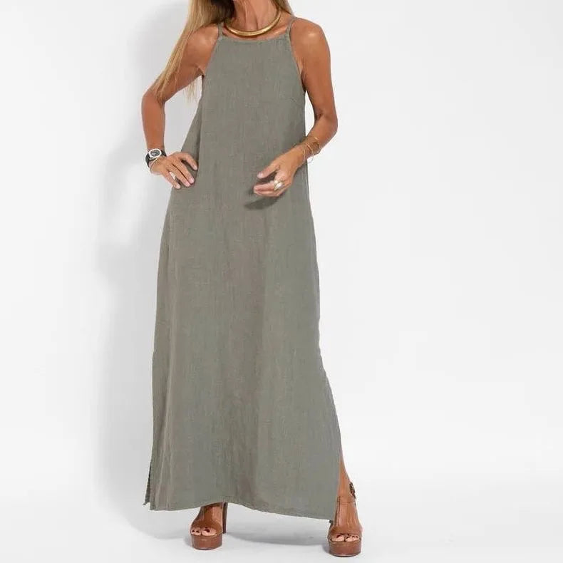 Women Cotton linen Side Split Long Slip Dress Summer Lady Strapless Solid Color Holiday Party Dresses FYY-10080
