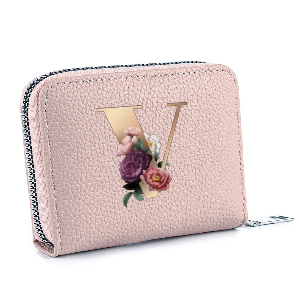 Fashionable Multi Functional 26-Letter Printed Pink Zipper Coin Purse And Credit Card Holder For Women