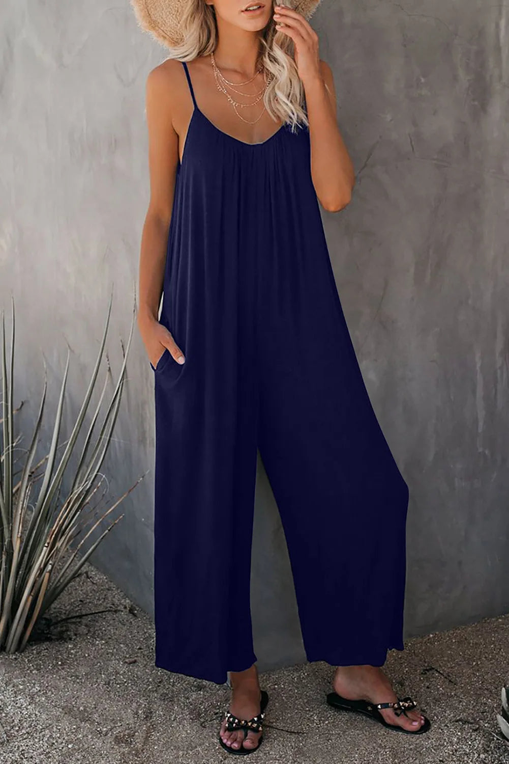 European and American Suspender Women's 2023 Summer New Foreign Trade Tolid Color Pocket Casual Jumpsuit