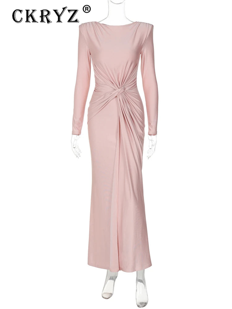 Ladies Elegant Evening Party Dress Women Long Sleeve O-Neck Ruched Fashion Long Dresses Woman Night Club Streetwear Fall Outfit