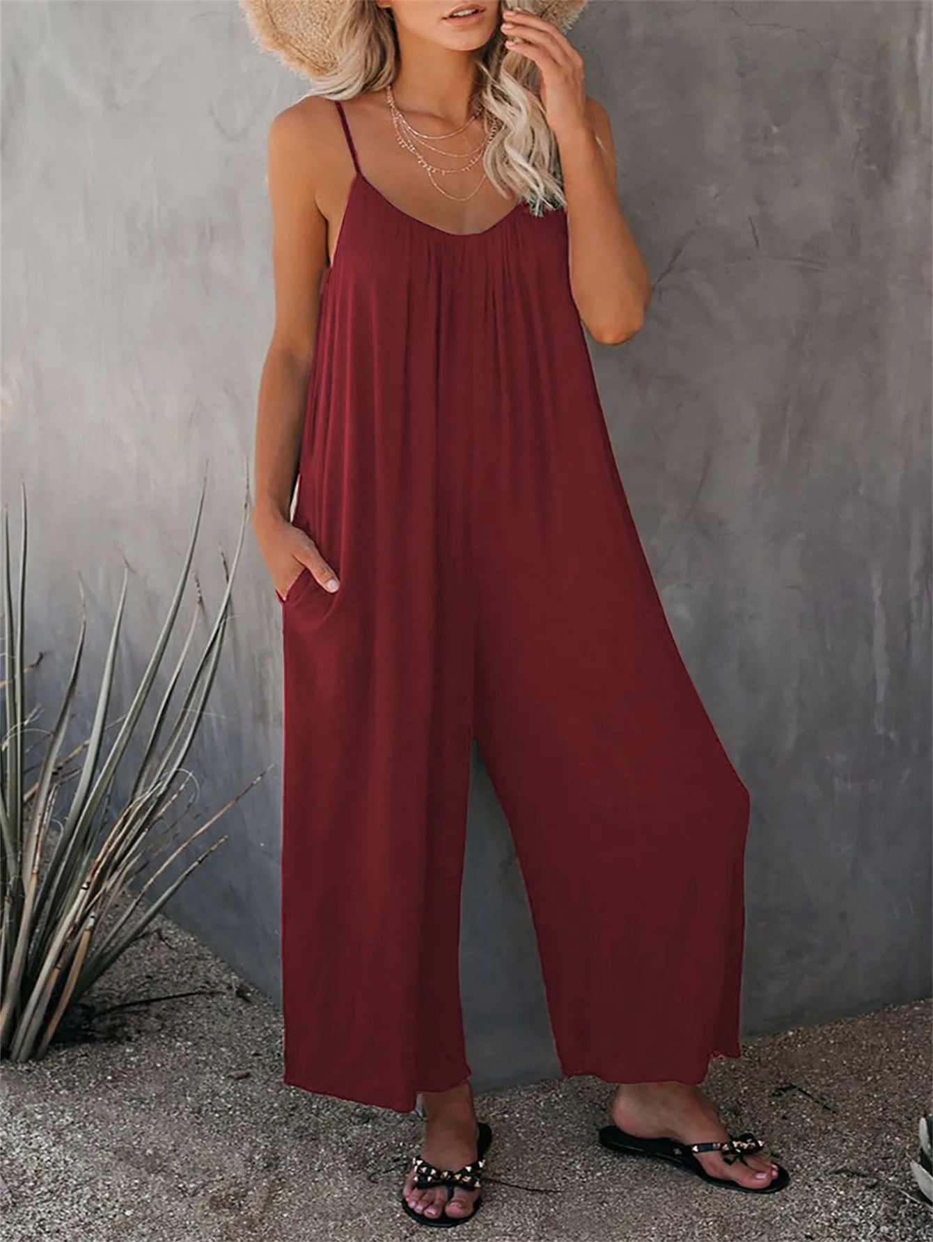 European and American Suspender Women's 2023 Summer New Foreign Trade Tolid Color Pocket Casual Jumpsuit