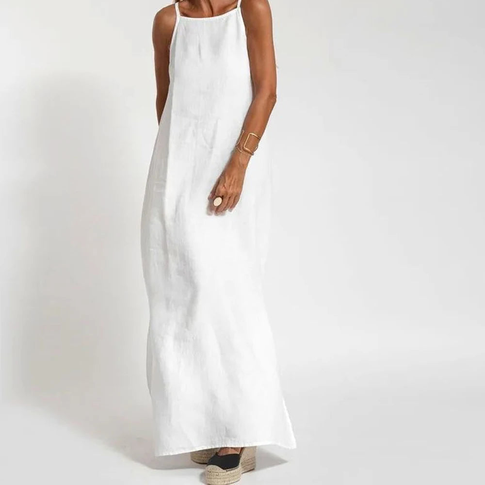 Women Cotton linen Side Split Long Slip Dress Summer Lady Strapless Solid Color Holiday Party Dresses FYY-10080