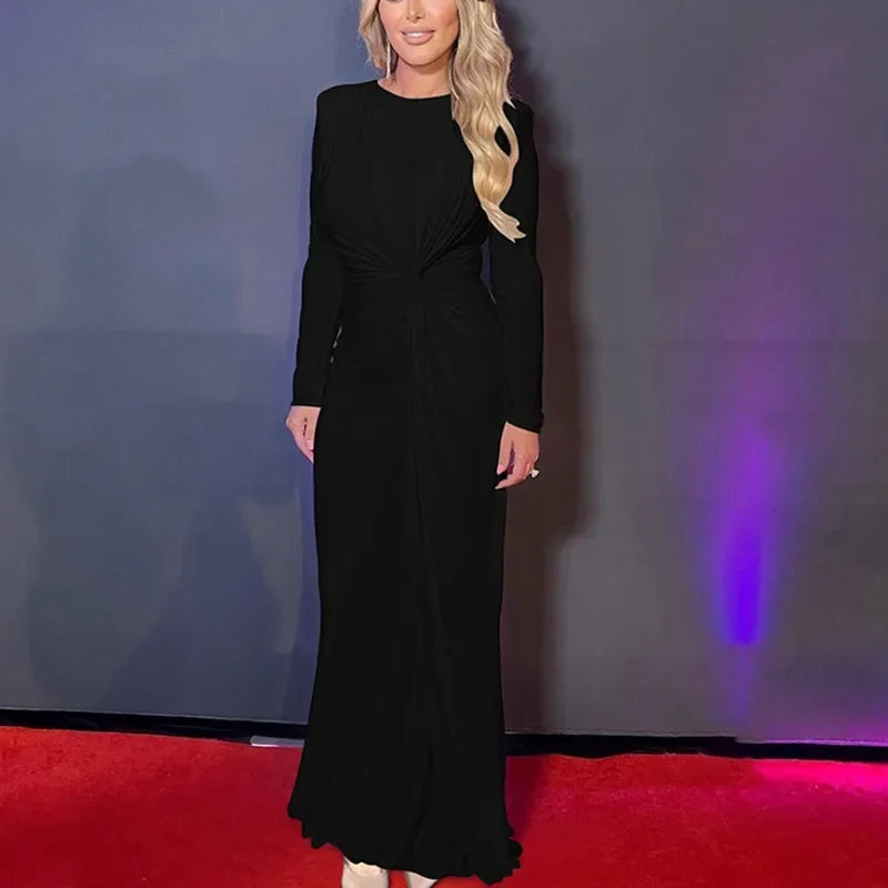 Elegant High Waist Pleated Maxi Dress Women's New Solid O Neck Long Sleeve Slim Dress Luxury Party Evening Gown Robe