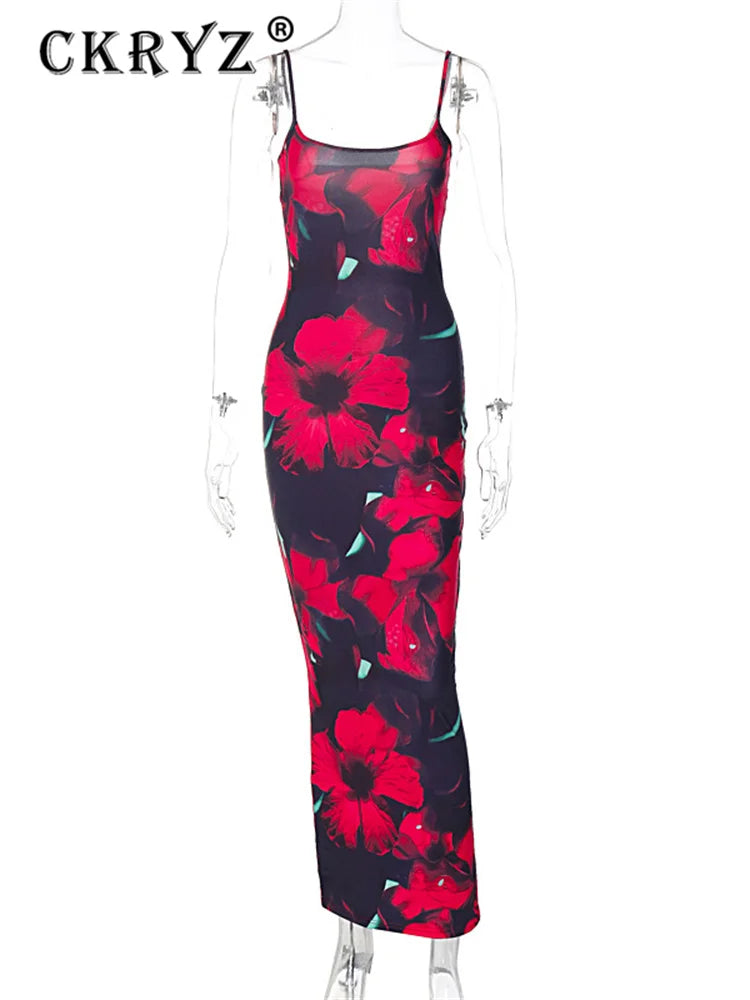 Ladies Summer Floral Print New Fashion Birthday Party Dress Women Sleeveless Backless Sexy Bodycon Maxi Dresses Club Streetwear
