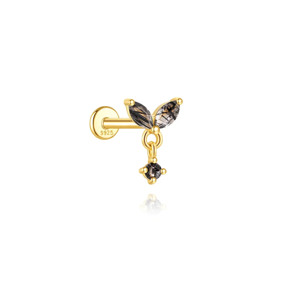 CANNER 1PC Natural Black Hair Quartz 925 Sterling Silver Horse Eye Flat Head Thread Puncture Earring Flower Piercing Earring