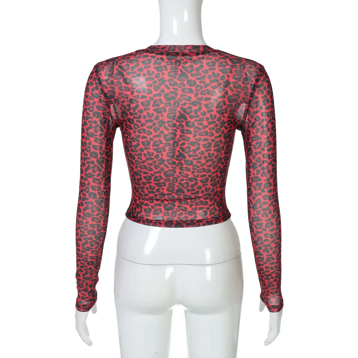 Ladies summer Leopard Print Clubwear Y2K Clothes Women Long Sleeve O-Neck Mesh See Through Slim T Shirt Holiday Streetwear Tees