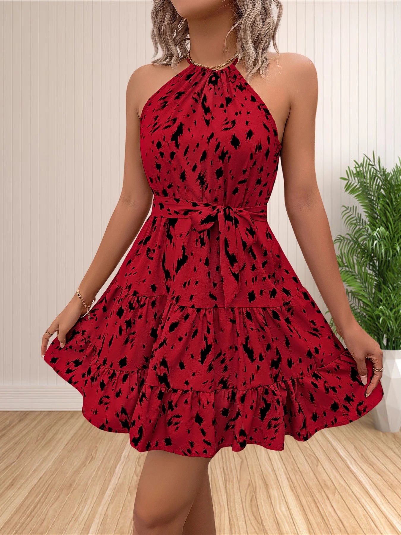 Women 2024 Summer Halter Neck Dresses Sleeveless Casual Floral Polka Dot Print Short Boho Ruffle Sundress