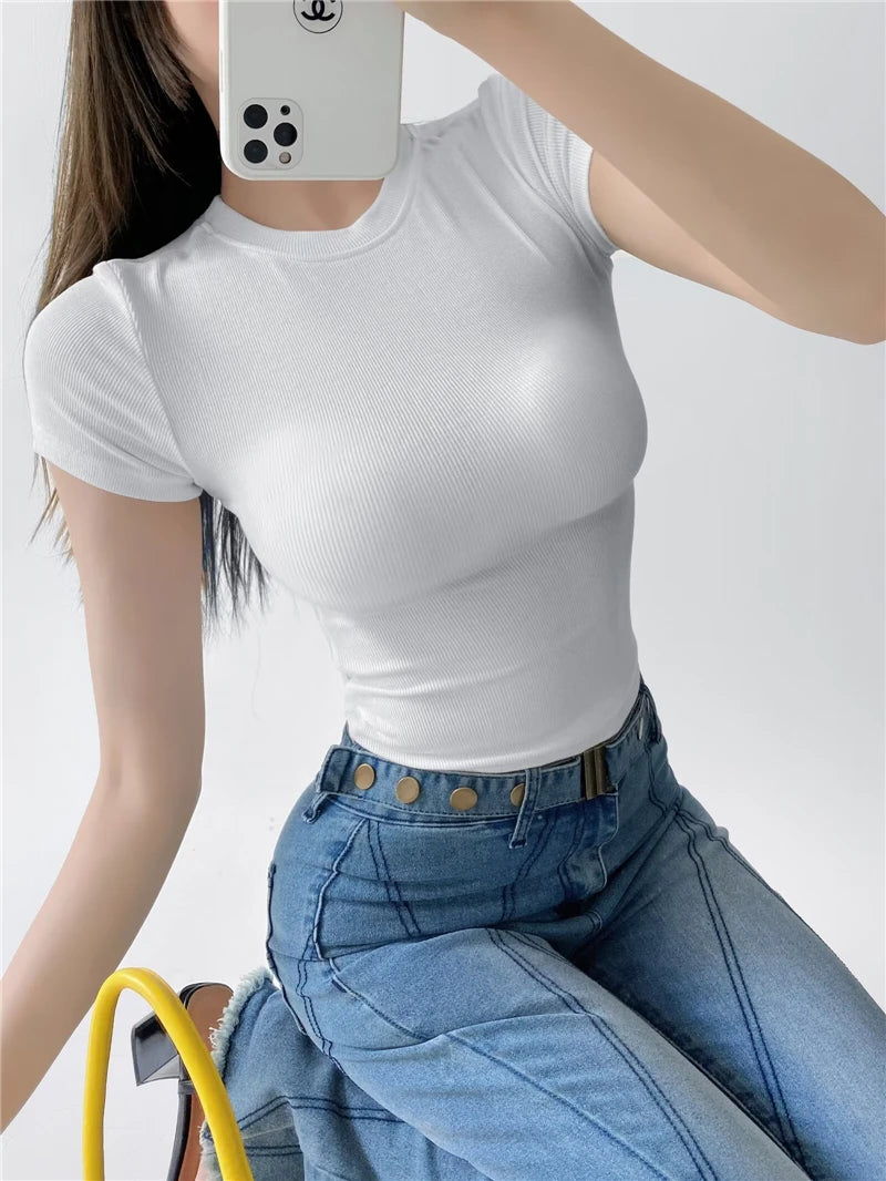 LUNDUNSHIJIA 2024 Summer Sexy Women Basic O-neck Short Sleeve T-shirt Ladies Slim Elasticity Cotton Tee Tops 12 Colors