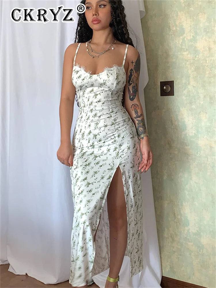 Ladies Summer Floral Print Fashion Evening Party Dress Women Sleeveless Backless Side Slit Midi Dresses Woman Clothes Clubwear