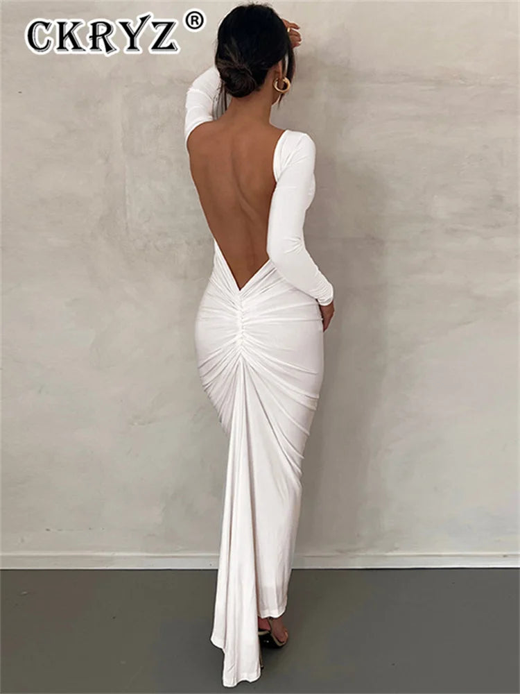 Ladies Autumn Elegant Evening Party Dress Women Long Sleeve Backless Ruched Fashion Long Dresses Woman Clothes Birthday Clubwear