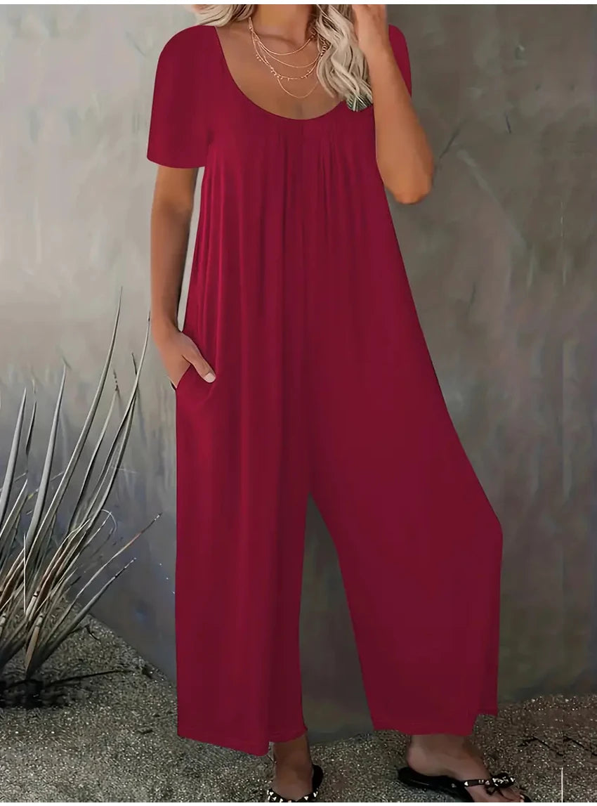 Plus Size 0XL-5XL Summer Rompers Overalls Women's Solid Color Jumpsuit with Pockets Casual Fashion Short Sleeve Jumpsuits