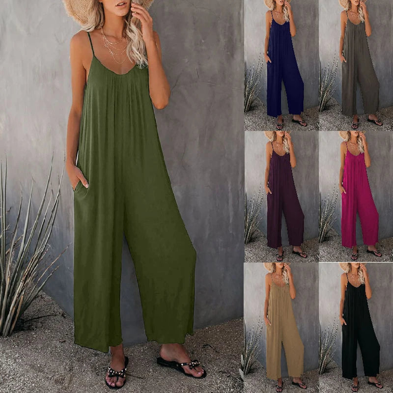 European and American Suspender Women's 2023 Summer New Foreign Trade Tolid Color Pocket Casual Jumpsuit