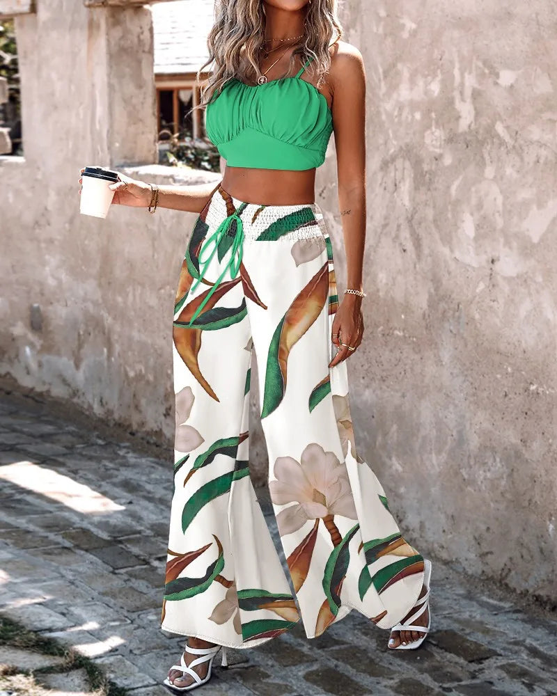 Women's 2024 Summer New Commuter Sexy Sleeveless Short Strap Pants Two Piece Set Fashion Printed Strap Wide Leg Pants Set