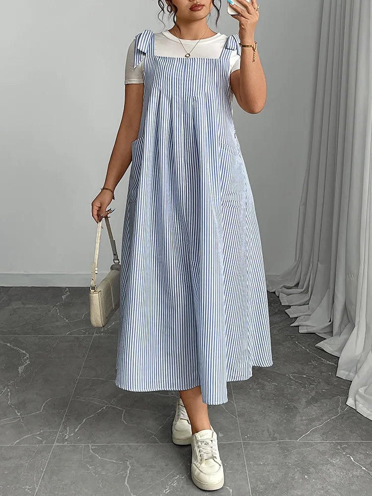 GIBSIE Plus Size Solid Tie Shoulder Overalls Dress For Women