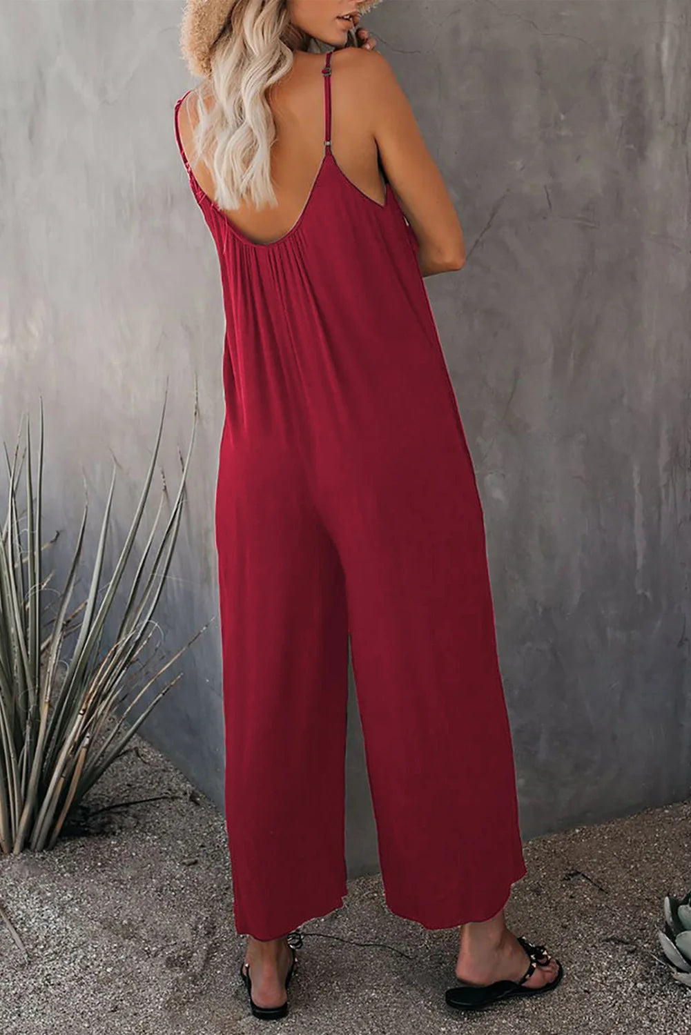 European and American Suspender Women's 2023 Summer New Foreign Trade Tolid Color Pocket Casual Jumpsuit