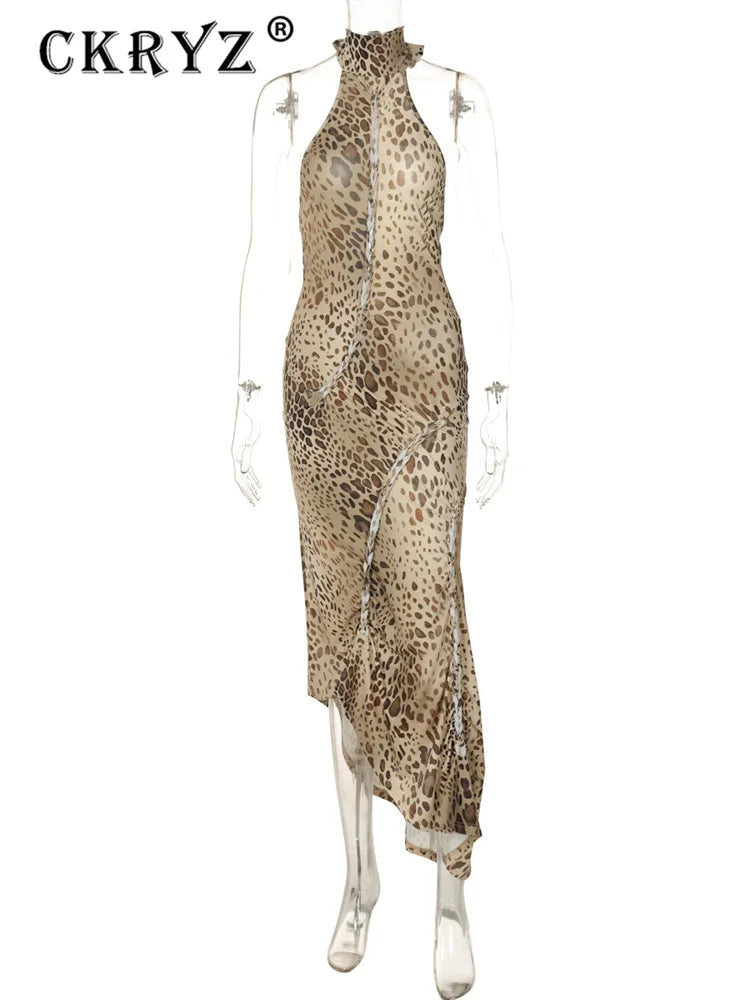 Ladies Summer Leopard Print New Fashion Evening Party Dress Women Sleeveless Backless Halter Midi Dresses Woman Clothes Clubwear