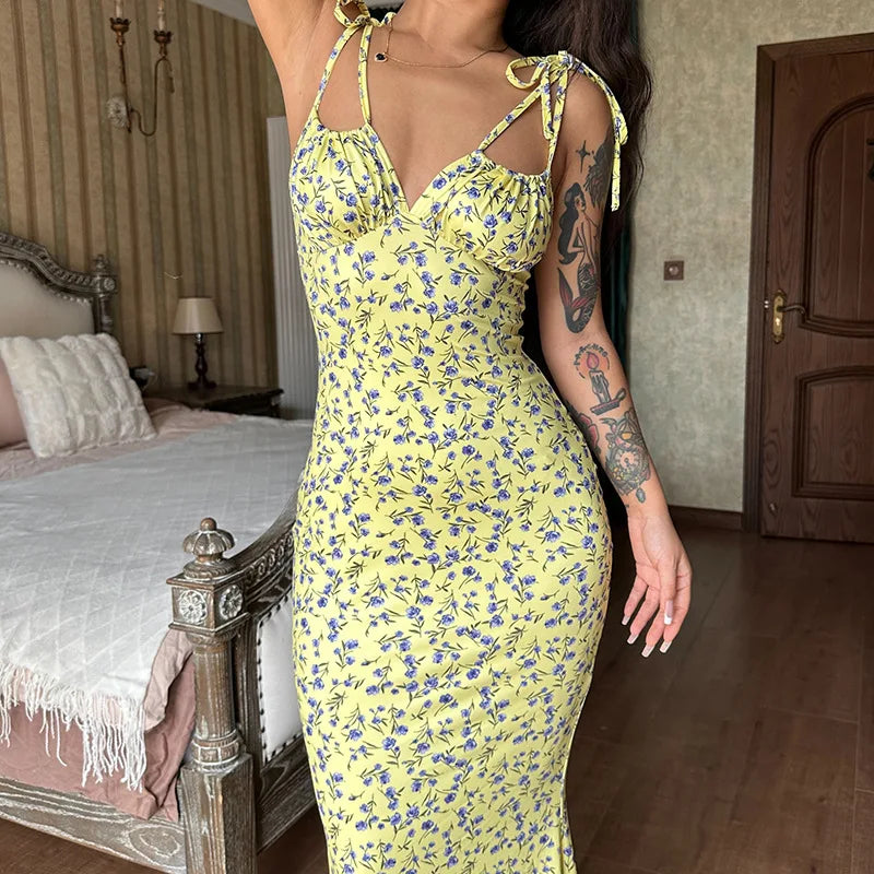 Ladies Summer Floral Print New Fashion Evening Party Dress Sleeveless Backless Sexy Long Dresses Woman Clothes Birthday Clubwear