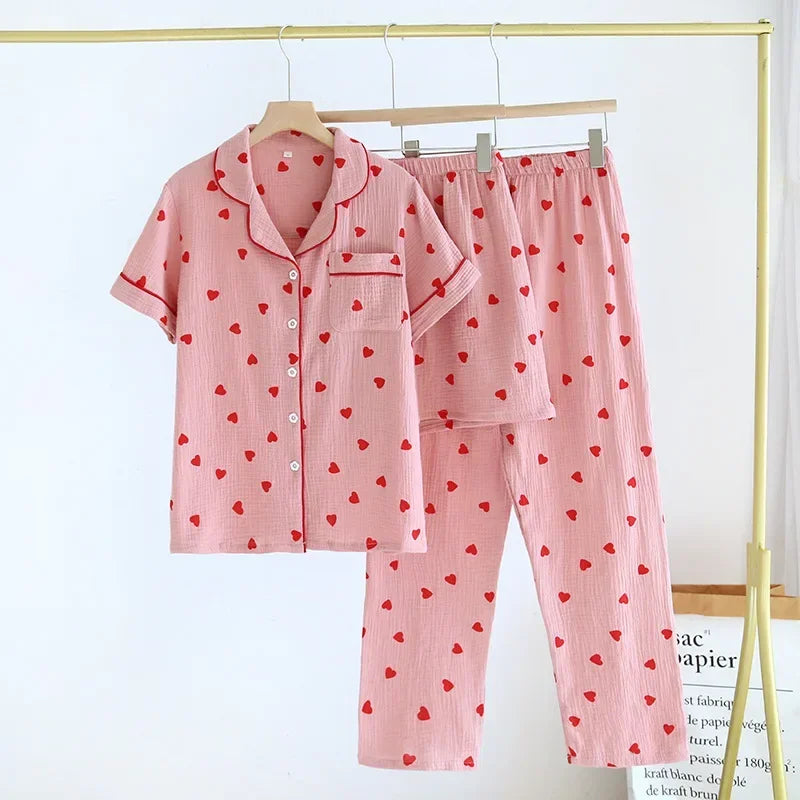 Small Love Heart Printed Cotton Pajamas for Women Three Piece Set Spring and Summer Short Sleeved Shorts Homewear Long Pants Set