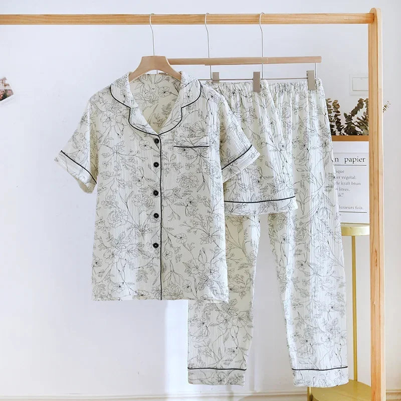Small Love Heart Printed Cotton Pajamas for Women Three Piece Set Spring and Summer Short Sleeved Shorts Homewear Long Pants Set