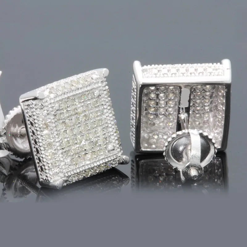 Rock Hip Hop Iced Out Stud Earrings for Women Men Male Ice Studded Zircon Silver Color Piercing Ear Accessories Trend Jewelry