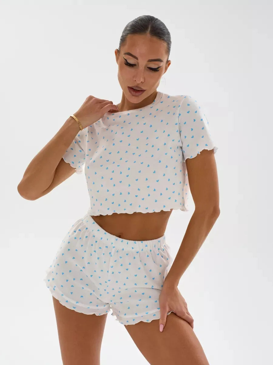 New Summer Women's Pajama Set, Cotton-blend Home Wear With Heart Print, Casual Round Neck Short Sleeve Shorts Two-piece Set