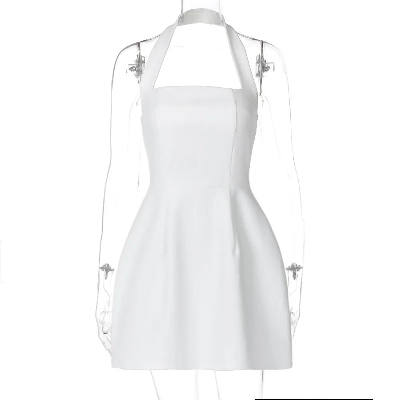 Ladies Halter Square Collar Backless Mini Dress Women Fashion Solid Sleeveless A-Line Elegant Club Party Dresses Female Outfits