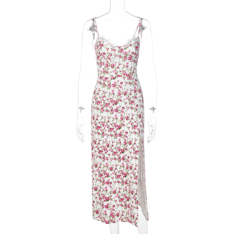 Ladies Summer Floral Print Fashion Evening Party Dress Women Sleeveless Backless Side Slit Midi Dresses Woman Clothes Clubwear