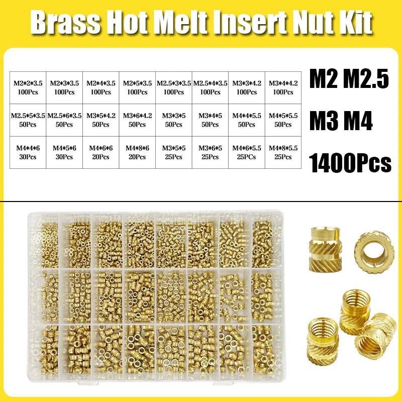 Brass Threaded Insert Nut Kit M2 M2.5 M3 M4 M5 M6 M8 Hot Melt Heat Knurled Embed Injection Copper Insertnut for 3D Print Plastic