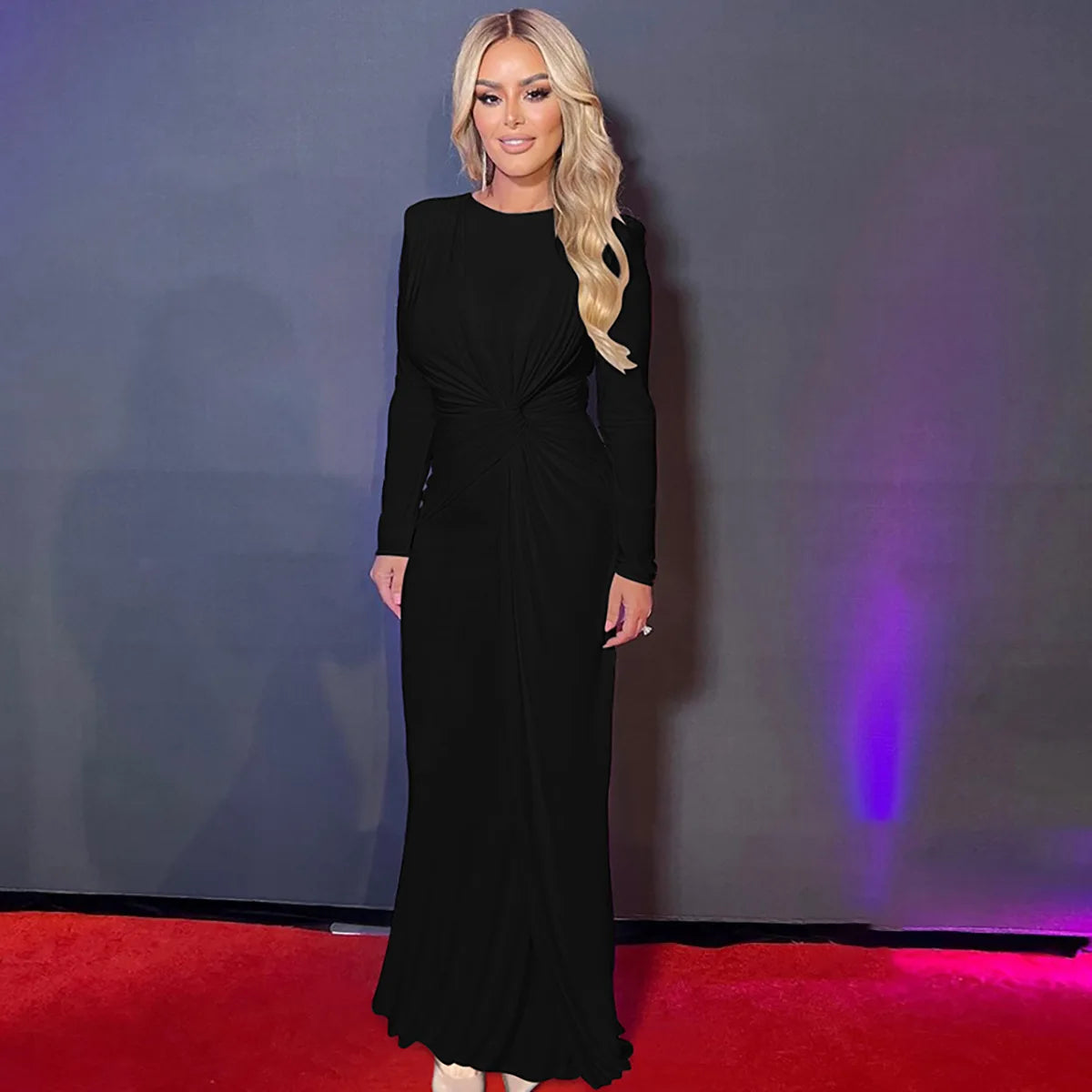 Women's Formal Occasion Dress Elegant Ladies O-neck Long Sleeve Folds High Waist Bodycon Gray Dresses Evening Party Robe