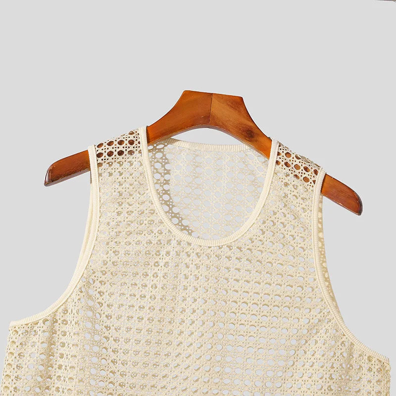 New American Style Fashion Men Tops Popular Vacation Hollow Out Mesh Vests Sexy Casual Sleeveless Tank Tops S-2XL 2025 Summer