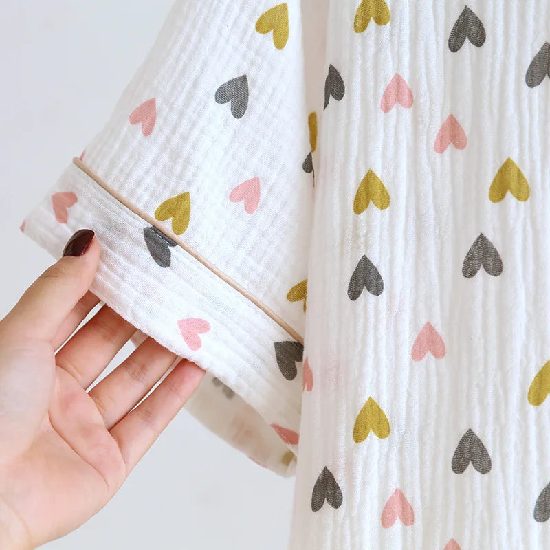 Small Love Heart Printed Cotton Pajamas for Women Three Piece Set Spring and Summer Short Sleeved Shorts Homewear Long Pants Set