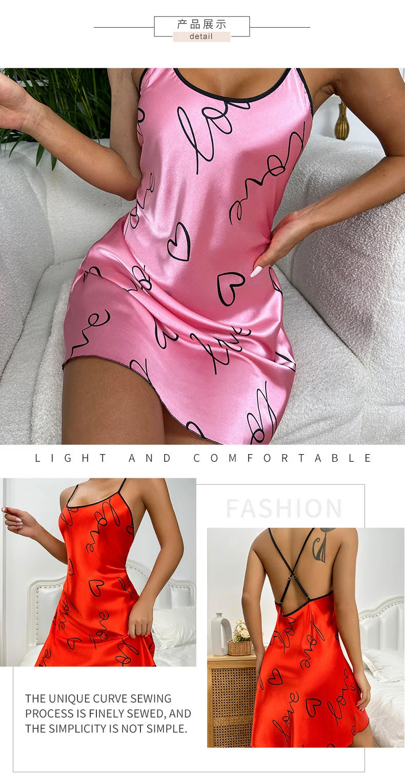Silk Satin Women Nightgown Sleeveless Cross Back Sleepwear Letter Print Round Neck Nightwear Pajama Dress Female Homewear Cloth