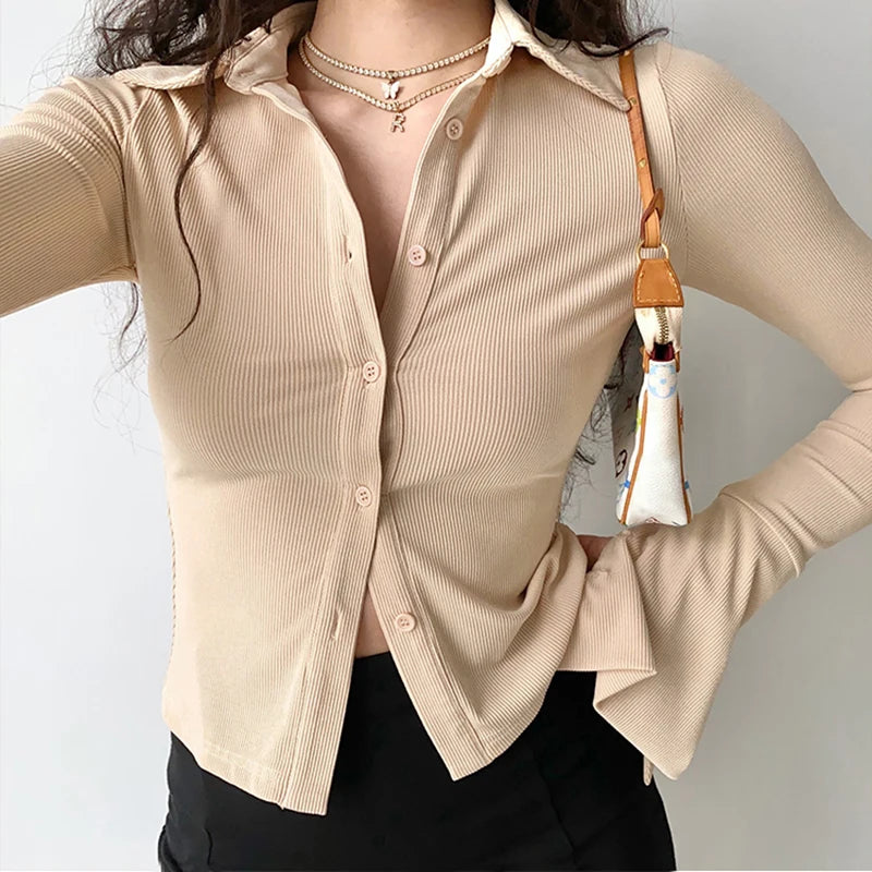 Blouses Polo Lapel Single-Breasted Flared Collar Solid Sleeve Shirt Five-Color Women's Slim Long-Sleeve Women's Autumn Clothing