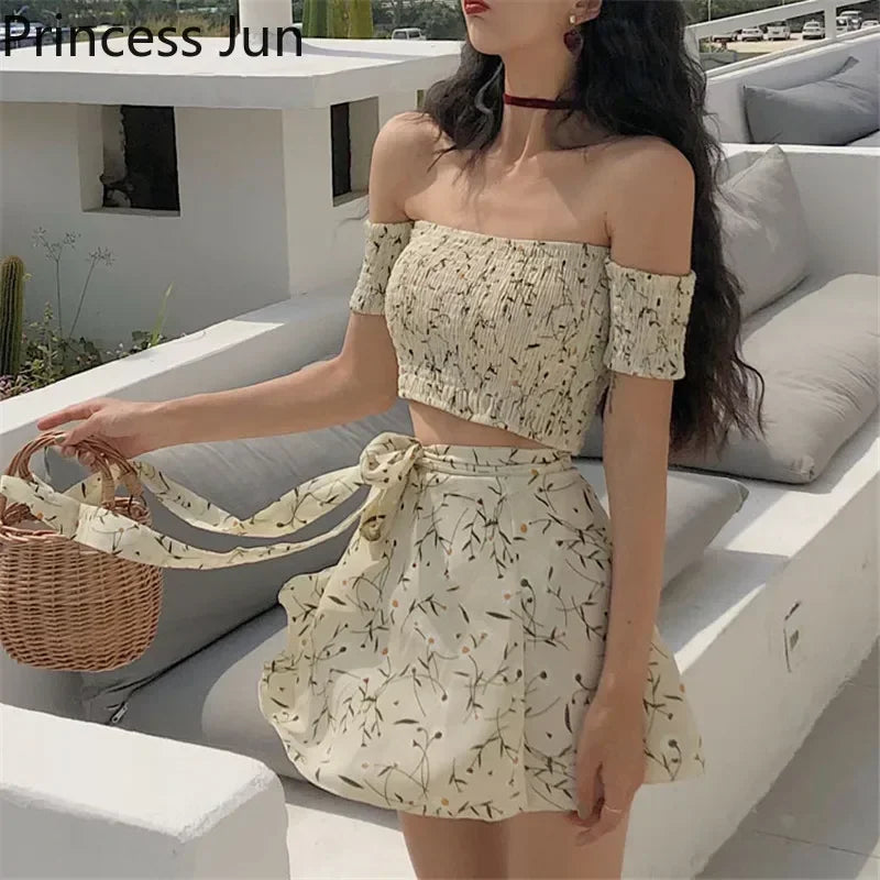 Summer Floral Fashion 2 Piece Sets Women Slash Neck Off Shoulder Shirt Crop Top&High Waist Mini Skirt Small Girl 2pc Dress Suits