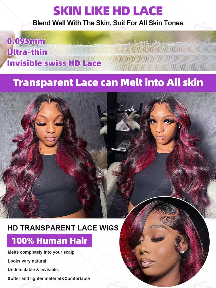 1b/99j Burgundy Highlight Body Wave 13x4 HD Lace Front Human Hair Wig Brazilian 30 32 Inch Colored 13x6 Lace Frontal Wigs 200%