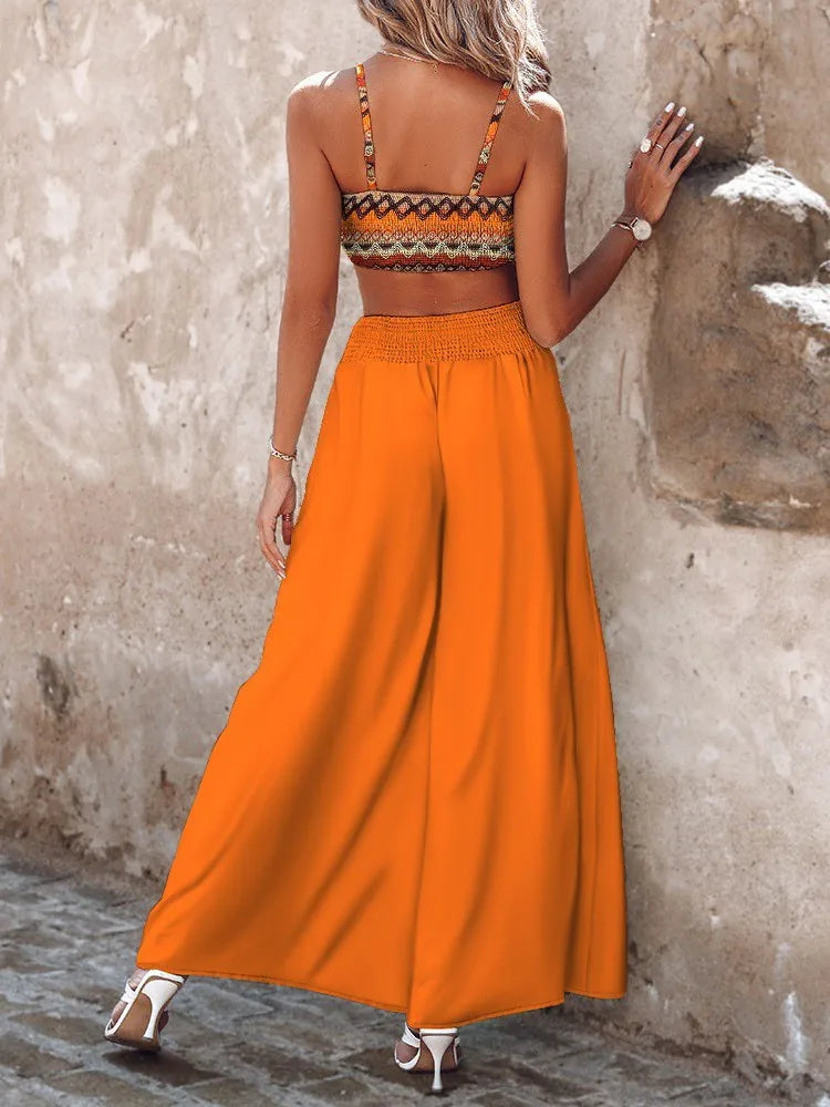 Women's 2024 Summer New Commuter Sexy Sleeveless Short Strap Pants Two Piece Set Fashion Printed Strap Wide Leg Pants Set