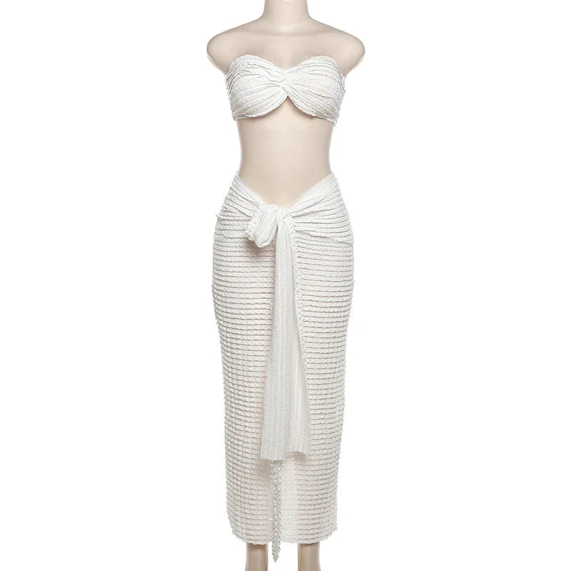 Ladies Autumn 2 Pieces Vacation Streetwear Skirt Set Women Sleeveless Backless Tube Crop Top Maxi Dress Clubwear Fall Outfits